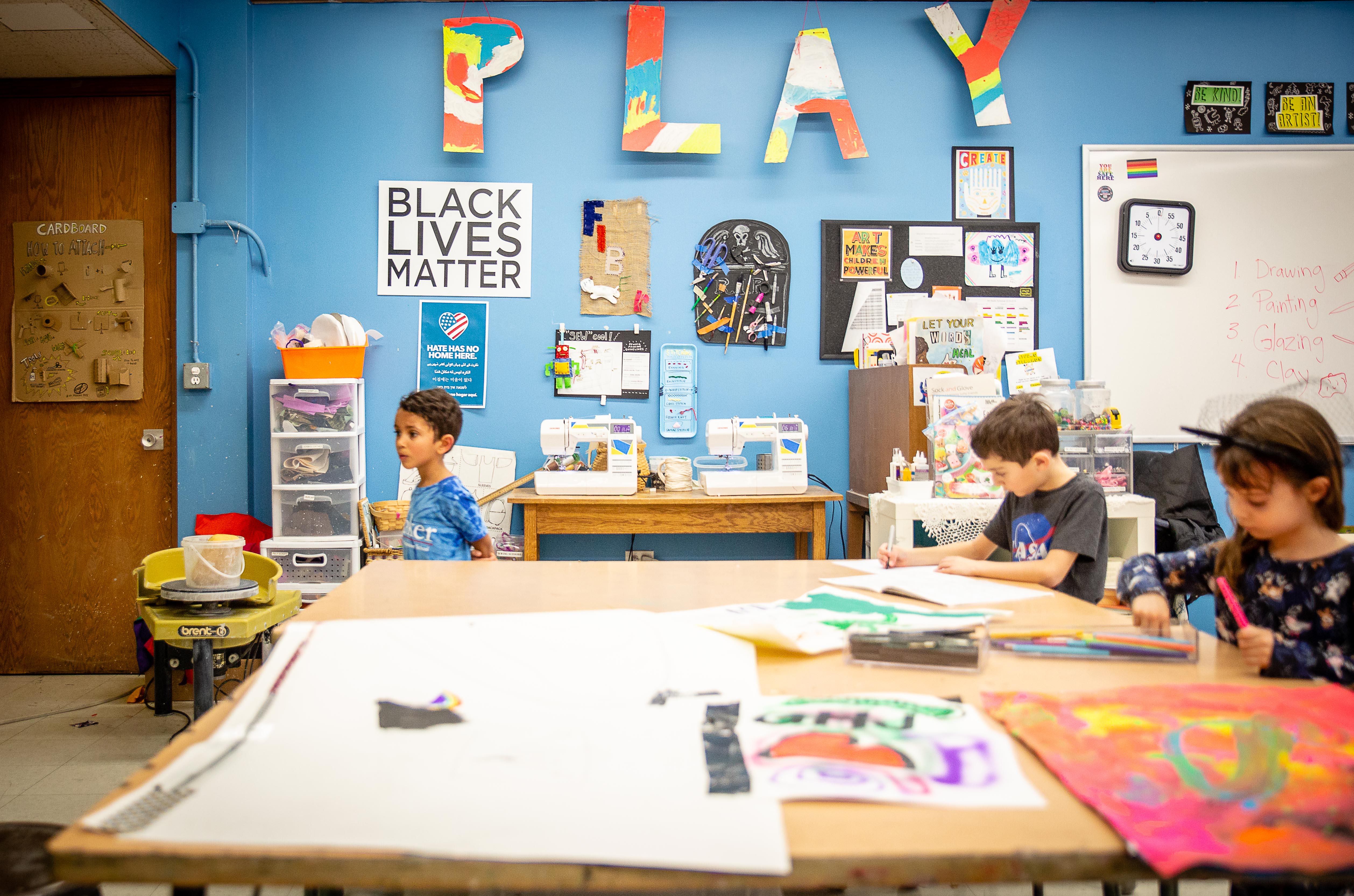 Elementary School students creating art in the Art Studio at Baker